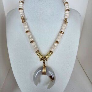 Handmade glass beaded necklace with quartz pendant